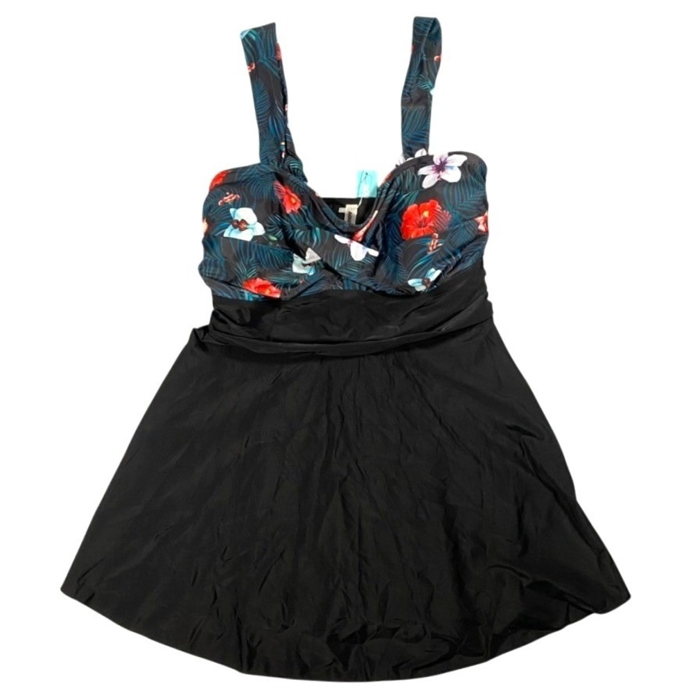 Aqua Eve Women 18W Floral Swimdress Swimsuit Top Tropical Black New Beach Resort